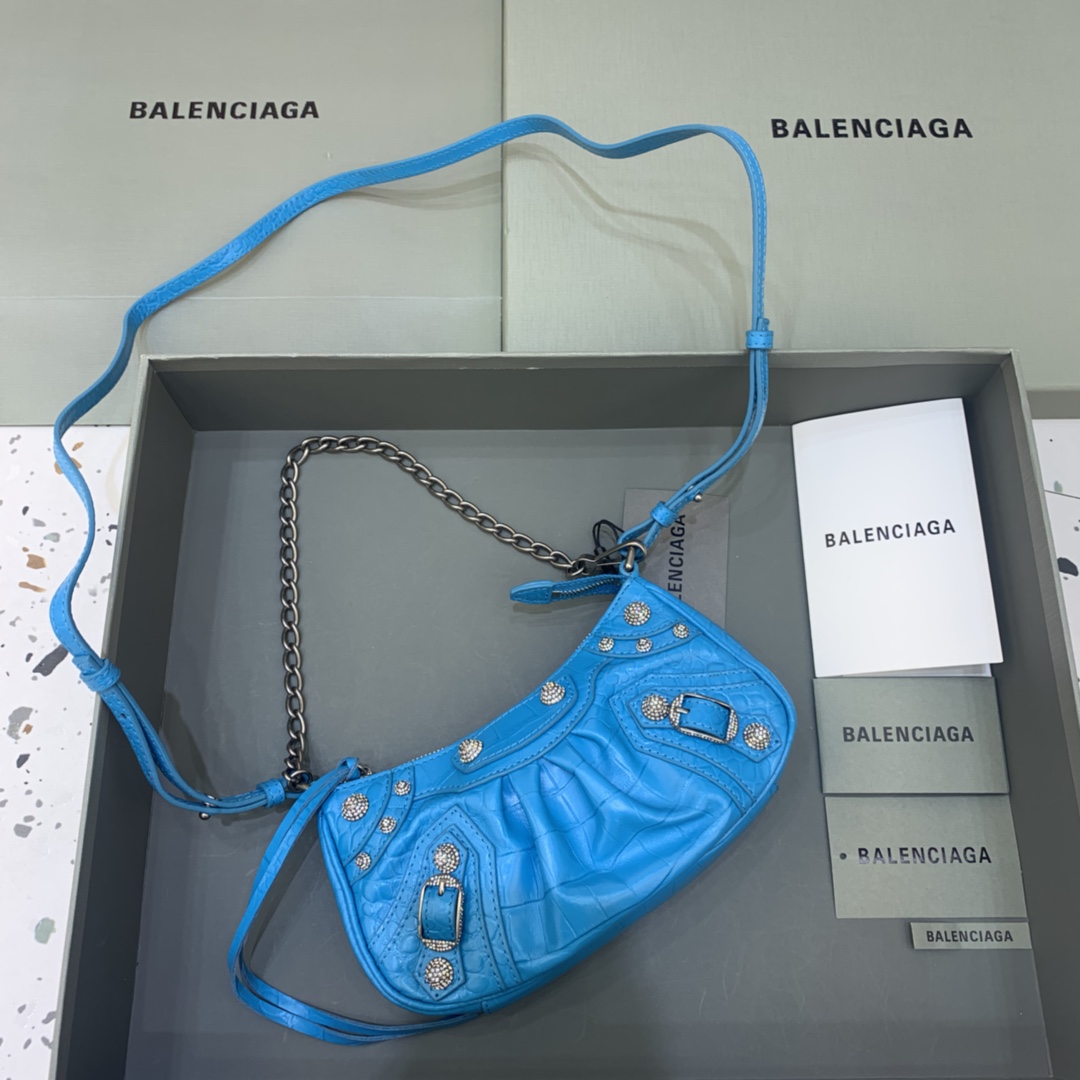 Balenciaga Le Cagole Mini Bag With Chain Crocodile Embossed Rhinestones Shoulder Bag Blue